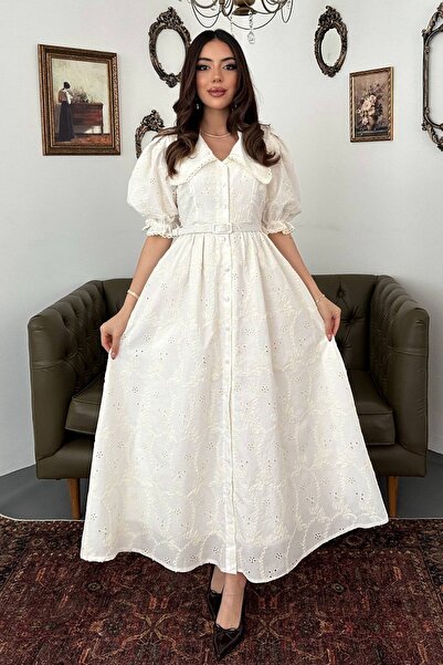 End Black Store Ecru Lace Detailed Balloon Sleeve Dress