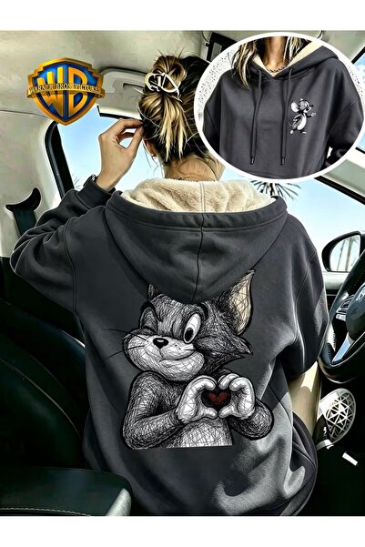 yombaa Relaxed Fit Stone Printed Juicy Crop Hoodie Black