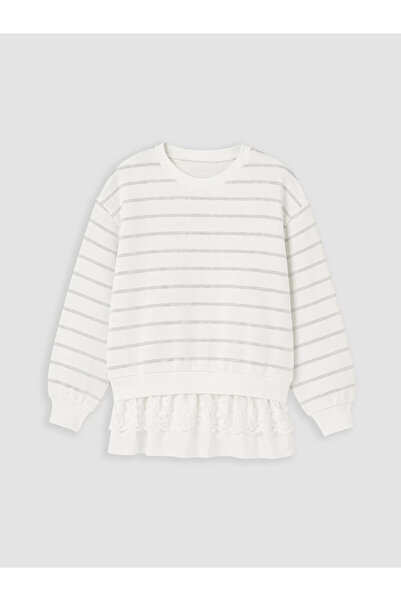 LC Waikiki Lcw Kids Ecru Crew Neck Ruffled Girls' Sweatshirt
