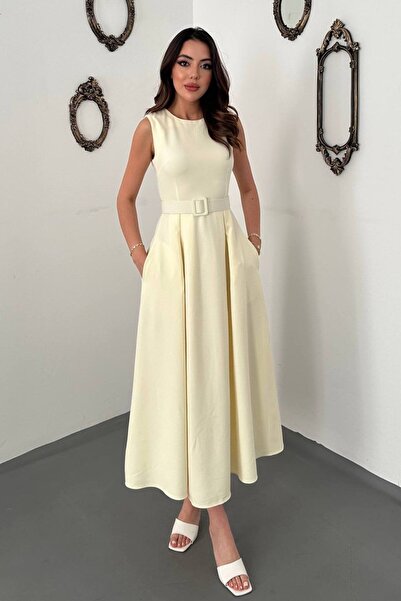 End Black Store Light yellow halter neck flared dress