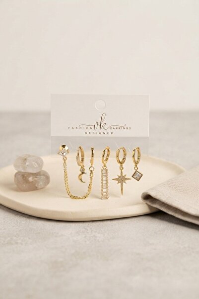 Inure Jewelry Gold Color Brass Zircon Stone Pole Star Detailed 6-Piece Earrin...