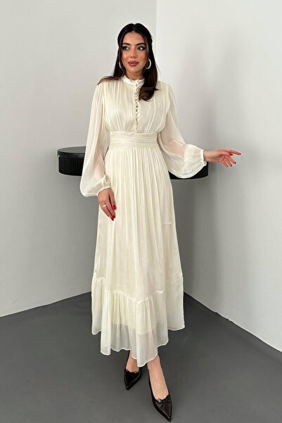 End Black Store Beige ruched waist dress