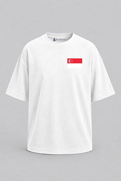 Bahriyeli Collection Oversize Singapore Flag Pocket Printed Unisex T-Shirt