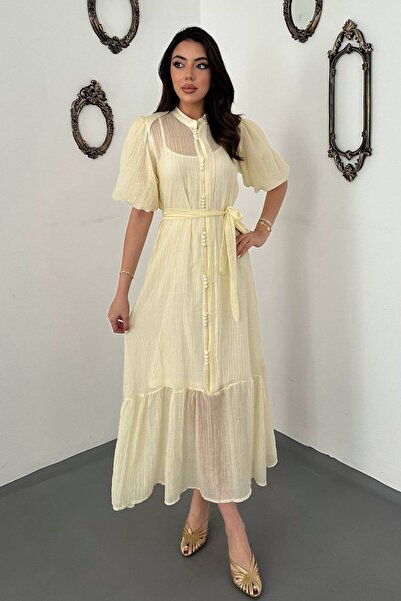 End Black Store Yellow Dress with Transparent Inner Lining