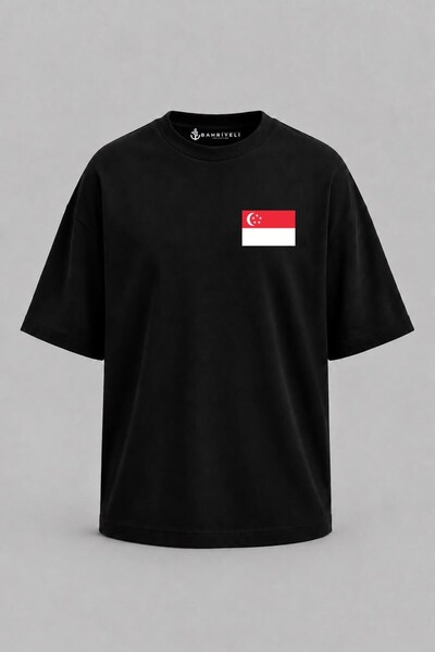 Bahriyeli Collection تي شيرت مطبوع عليه علم سنغافورة كبير الحجم للجنسين