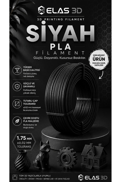 ELAS 3D PLA Filament 1.75 mm – 1 KG Makarasız SİYAH Renk