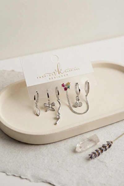 Inure Jewelry Silver Color Brass Zircon Stone Cherry Detailed 6-Piece Earring...