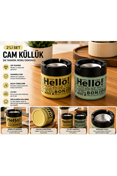 PANORAMA 2’li Renkli Cam Küllük Seti – Hello Desenli Sarı ve Açık Yeşil Dekor...