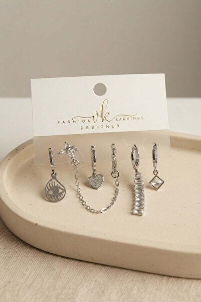 Inure Jewelry Silver Color Brass Baguette Zircon Stone Detailed 6-Piece Earri...