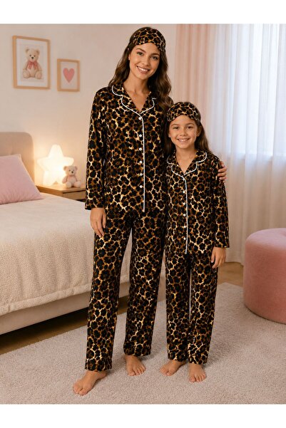 Anne-Kız Çocuk Pamuklu Süet Kahverengi Leopar Biye Desenli Uzun Kol Gömlek Yaka Kışlık Pijama Takımı