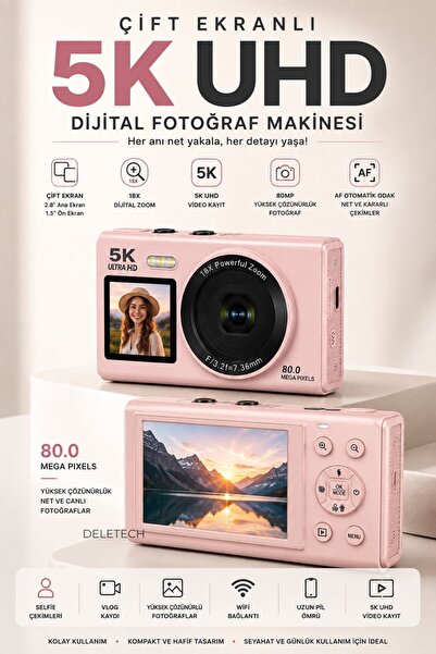 Deletech Dijital Fotoğraf Makinesi 5K UHD 80MP Çift Ekranlı 18X Dijital Zoom ...