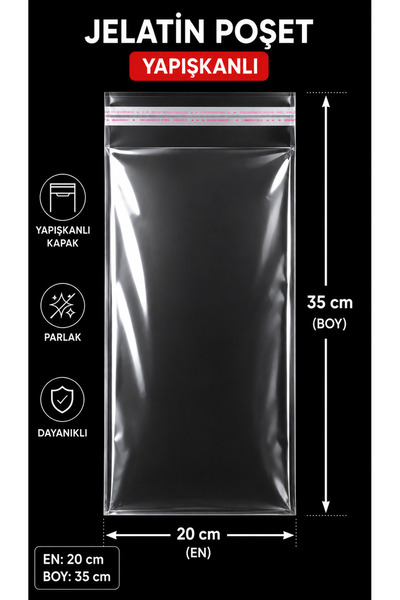 ADAPAK 100 adet 20x35 bantlı Yapışkanlı Şeffaf jelatin Poşet
