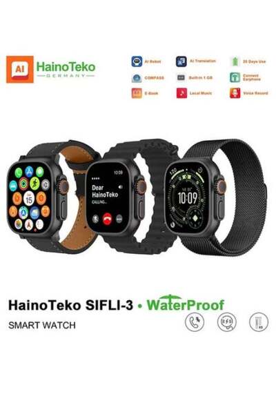 HAINOTEKO SIFLI-3 Smartwatch, 2.02" AMOLED Display, Bluetooth Calling, Waterproof, 3 Straps