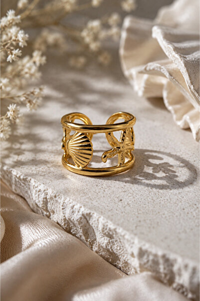 Sylvera Shop Cage Design Steel Ring with Shell & Starfish Figures - Adjustabl...