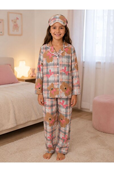 paytak kids Kız Çocuk Pamuklu Süet Kumaş Pembe Ekose Ayıcık Desen Gömlek Yaka...