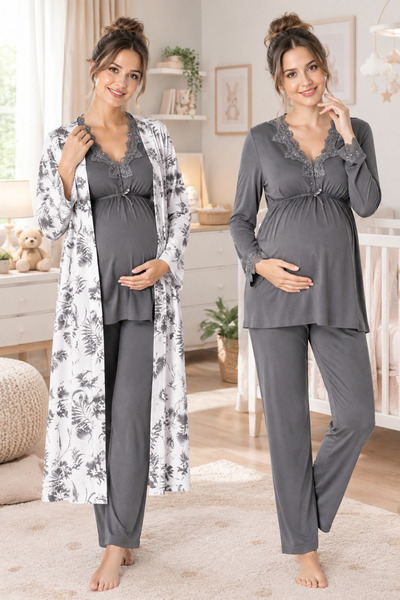 by İGP Floral Patterned Maternity Pajama Set with Dressing Gown Effortt