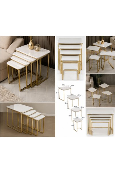 4'lü Lake Boyalı MDF Zigon Sehpa Takımı – Modern İç İçe Geçen Dekoratif Sehpa – Beyaz