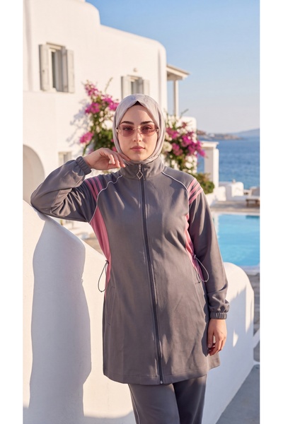 MİMİ Luxury Wear طقم بدلة رياضية نسائية بخطوط جانبية وياقة عالية وسحاب أمامي ...