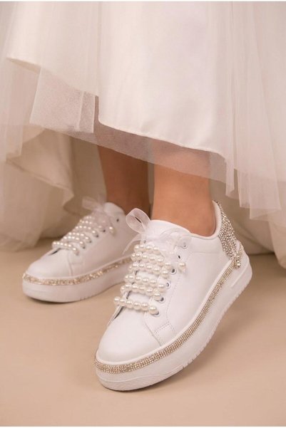 İncilaPearla Elara Women's White Special Design Stoned Wedding Dress Evening Dress Sports Shoes Bride Slippers and Pearl Crown Gift