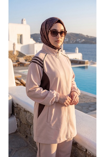 Wovi Moda Women's Stripe Detailed Zippered Hijab Tracksuit Set