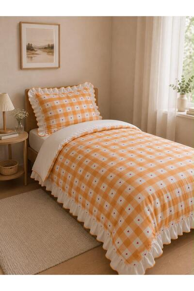 DB DANLA BALDİ Home Collection Single Duvet Cover Set Cotton Gingham Heart Ornamental Overlocked Ruffled
