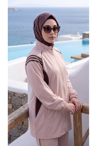 Wovi Moda Γυναικείο Σετ Φόρμας Χιτζάμπ με Λεπτομέρεια Ρίγες και Φερμουάρ