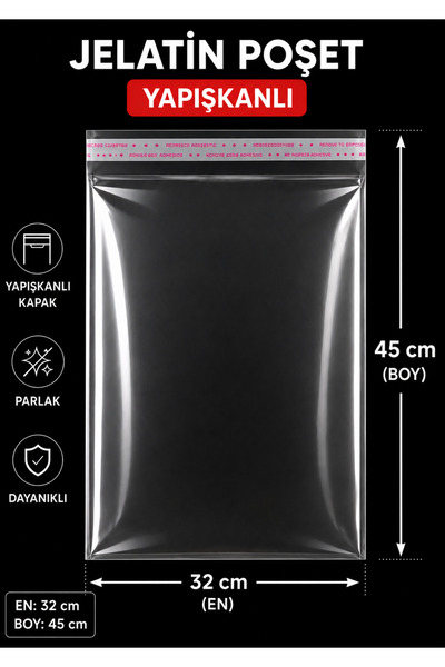 ADAPAK 100 adet 32x45 bantlı Yapışkanlı Şeffaf jelatin Poşet
