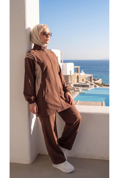 Wovi Moda Γυναικείο Σετ Φόρμας Χιτζάμπ με Λεπτομέρεια Ρίγες και Φερμουάρ