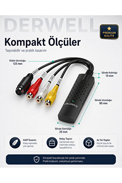Derwell USB 2.0 AV Video Capture Card Analog Görüntü Ses Dijital Dönüştürücü Kartı Easycap Uyumlu Kamera DV VHS VCR DVD Oynatıcı Laptop Masaüstü PC Sürücüsüz Tak Çalıştır Kayıt Kartı RCA S-Video