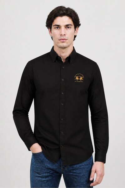 La Martina Men Slim Fit Embroidered Logo Long Sleeve Casual Shirt, Black