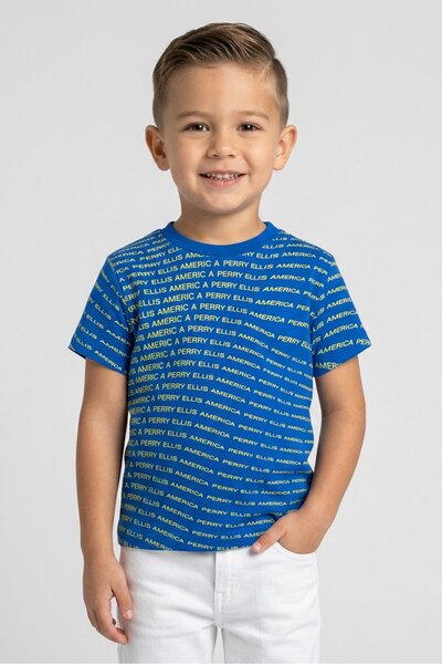 Perry Ellis Toddlers Boy Monogram Pattern Short Sleeve T-Shirt, Blue