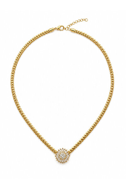 Zirkon Taşlı Çelik 14K Gold Renk Kolye
