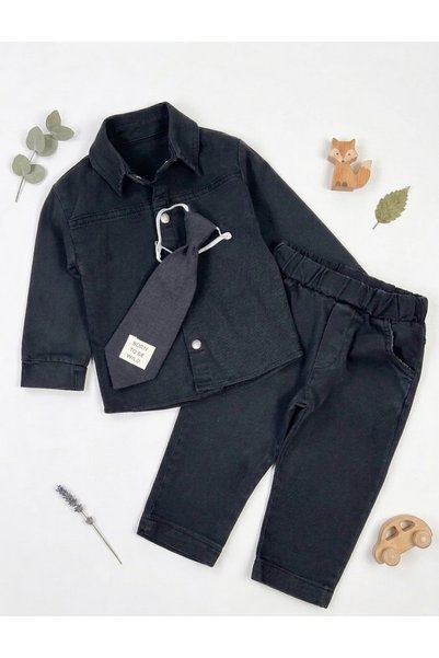 Asila Baby Tie-up lycra snap-fasten denim shirt, lycra denim pants, and tie 3-piece baby boy set