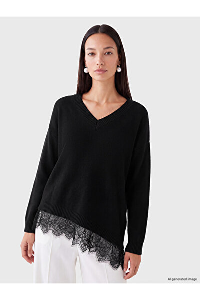 LC Waikiki V-Neck Lace Detailed Women's Knitwear Sweater