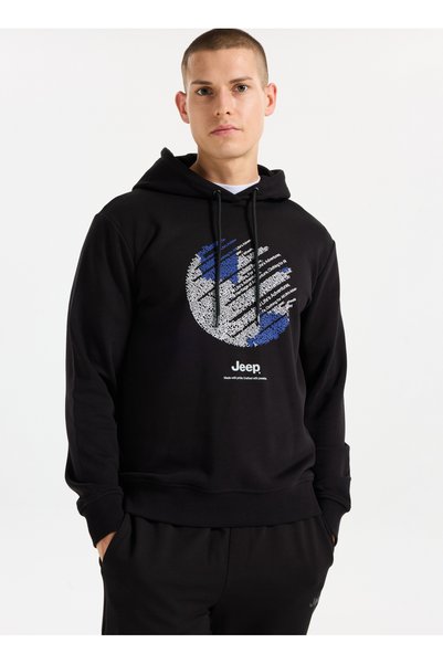JEEP Black Men's Hooded Relaxed Printed Sweatshirt J5WM-SWT7694