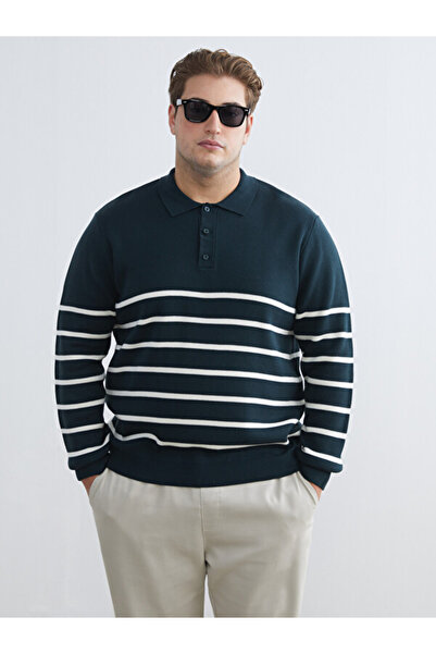LC Waikiki I Big Size Turn-Down Roba Collar Striped Men's Knitwear Sweater fr...