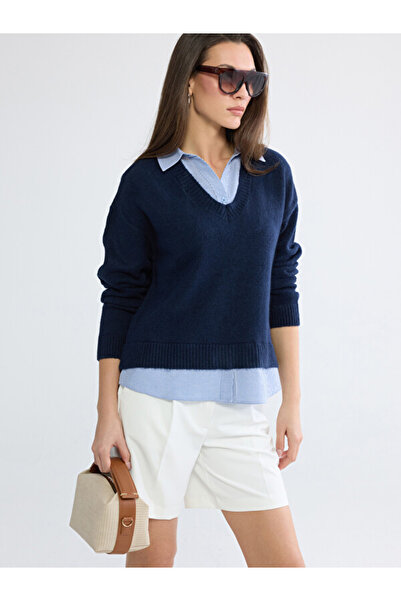 LC Waikiki Shirt Collar Striped Women's Knitwear Sweater