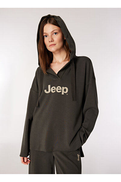 JEEP Women's Khaki Hooded Oversize Print Sweatshirt C4WL-SWT4420