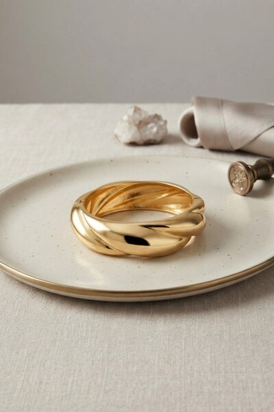 TakÇalıştır Gold Color Brass Spiral Model Vintage Thick Handcuff Bracelet