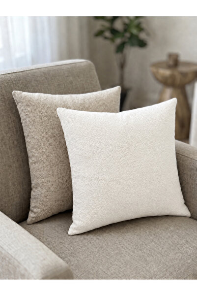 Buklet Dokulu Kırık Beyaz ve Kırçıllı Açık Bej 2’li Kırlent Kılıfı 43x43 cm