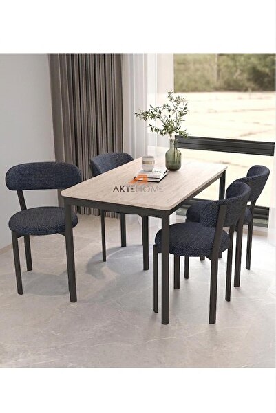 Aktehome Luna 4 Kişilik Mutfak Masa Sandalye Takımı 70x110 cm Antrasit Traverten