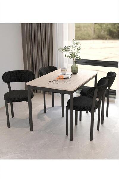 Aktehome Luna 4 Kişilik Mutfak Masa Sandalye Takımı 70x110 cm Siyah Traverten