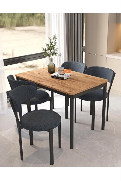 Aktehome Luna 4 Kişilik Mutfak Masa Sandalye Takımı 70x110 cm Antrasit Çam