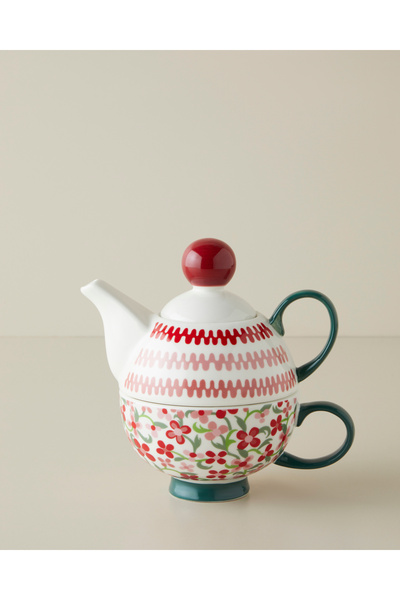 English Home Country Bloom New Bone China Demlik Seti 380 – 260 ml Bordo-Yeşil