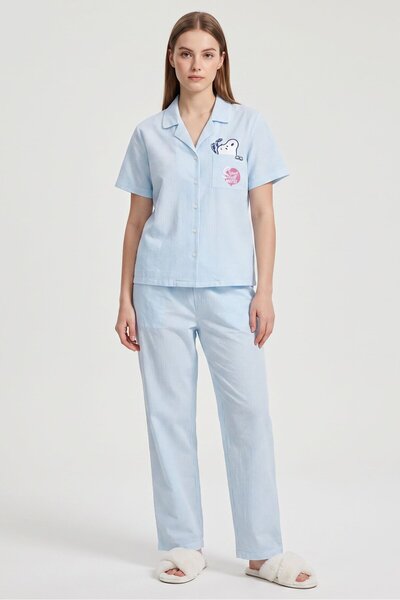 PEANUTS Women 2 Pcs Stripe Pajama Set, Turquoise