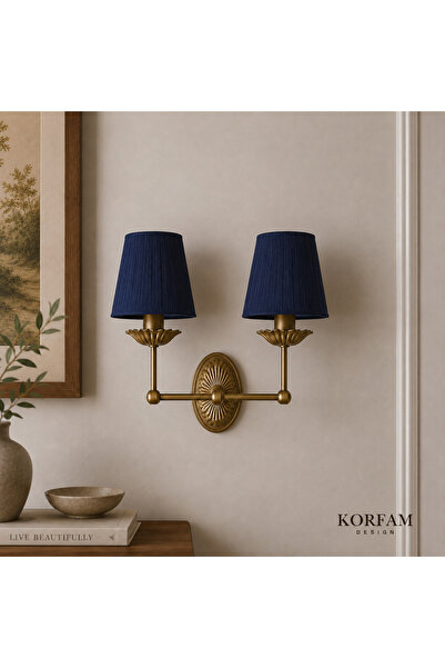 KorFam Electrically Wired Navy Blue Linen Fabric Double Headed Sconce