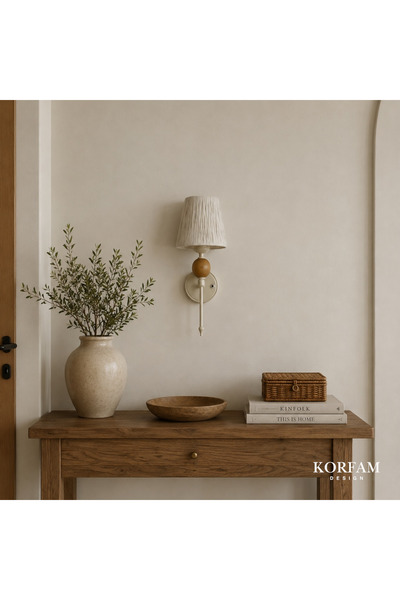 KorFam Kablosuz Pilli Aplik Beyaz Rafya Başlık Ahşap Top Detaylı Aplik
