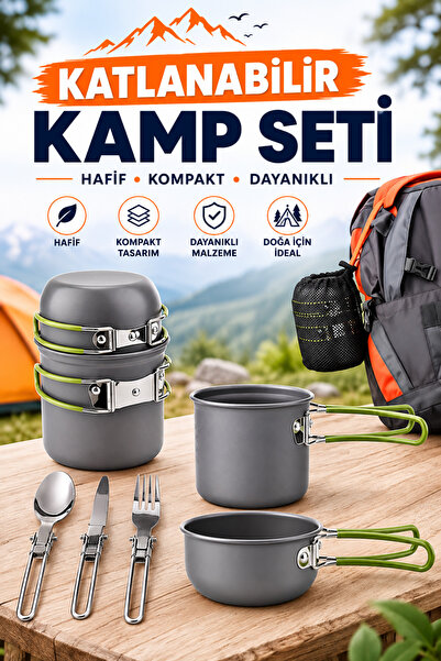 TrendDeco Katlanabilir Kamp Tencere Seti – 2 Parça Alüminyum Tencere, Katlana...