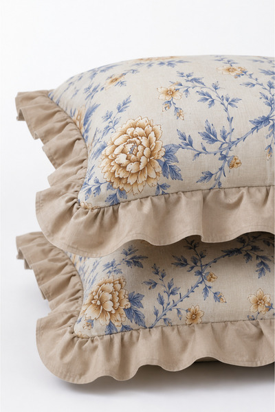 Attolya Pillowcase 2Pcs Ruffled Beige Floral 100% Quality Cotton Envelope Closure Bohemian Rural Vibe, Suitable for Bedding Set