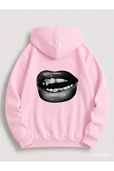 FUFLUNS Lip Printed Oversized Women's Hooded Sweatshirt
